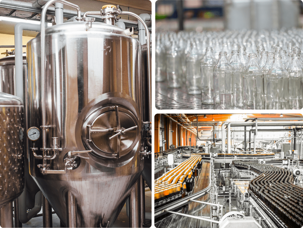 Three images of food manufacturing equipment.