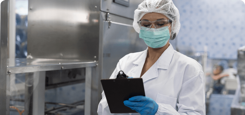 An employee documenting a facility while wearing safety outfit.