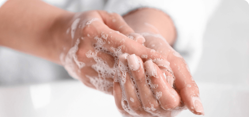 Lathered soap hands demonstrating handwashing and employee hygiene.