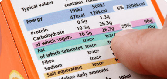 Finger pointing at food Labeling Nutrient Content.