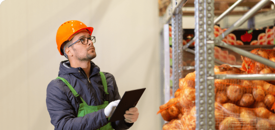 Food storage employee inspecting bagged potatoes.